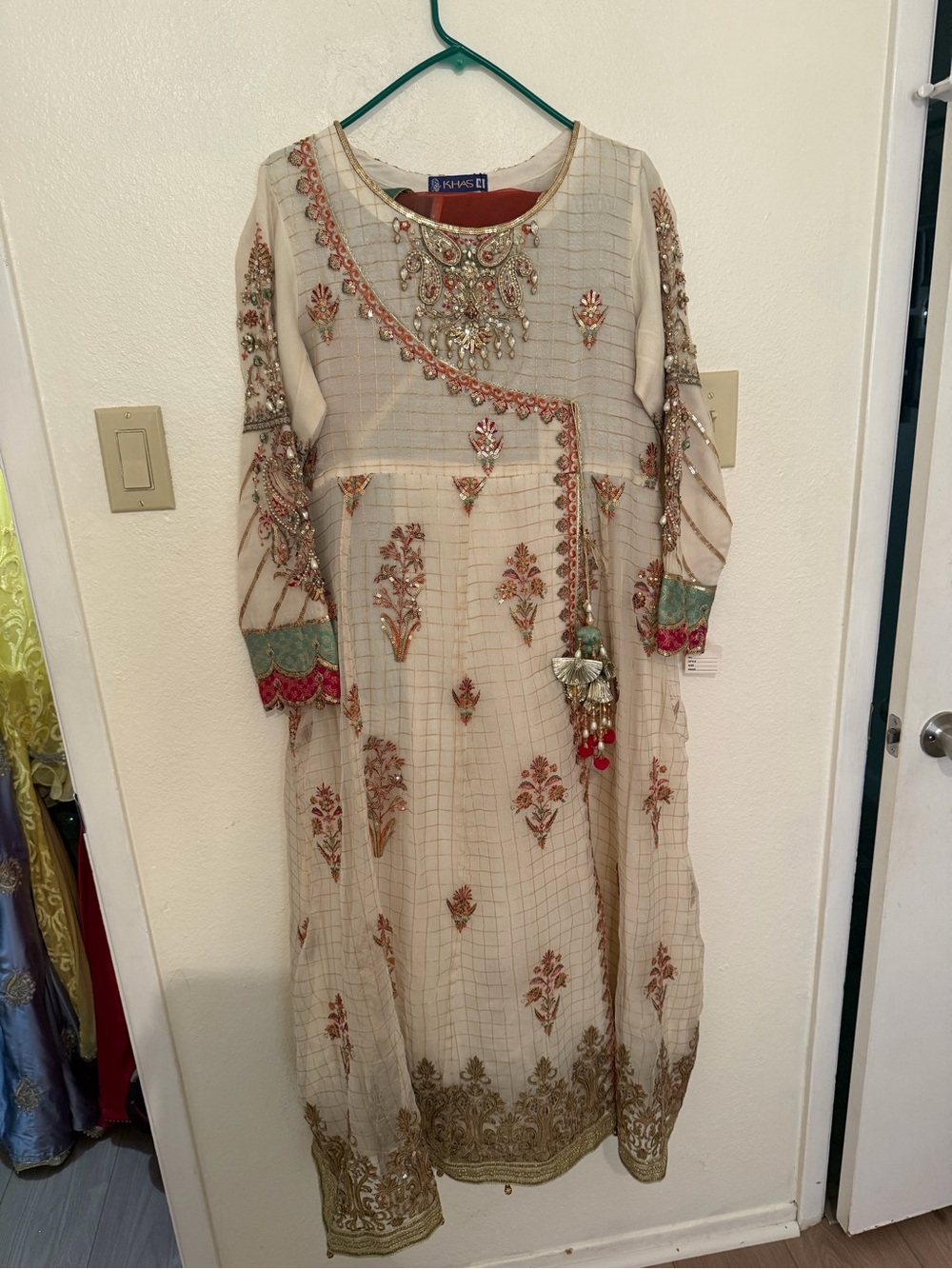 3 Pieces: Pakistani Embroidered Cream Suit with Gold Accents